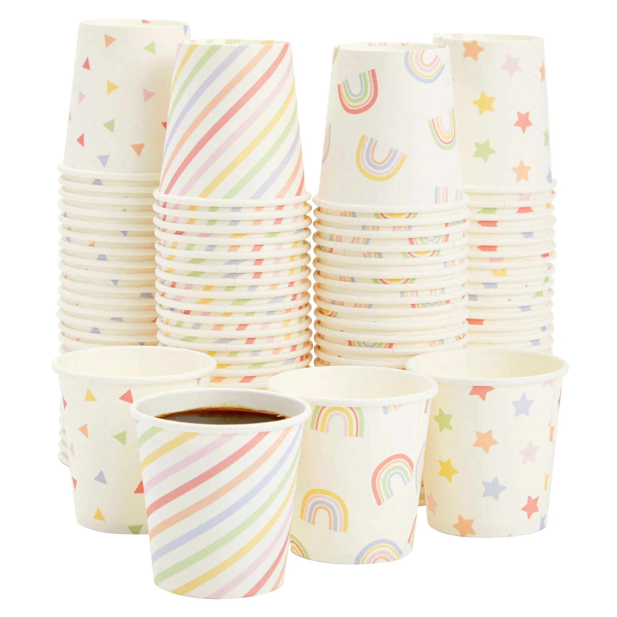 100 Pack Disposable Mini Paper Cups for Espresso, Mouthwash, Coffee (4oz, 4 Colorful Designs)