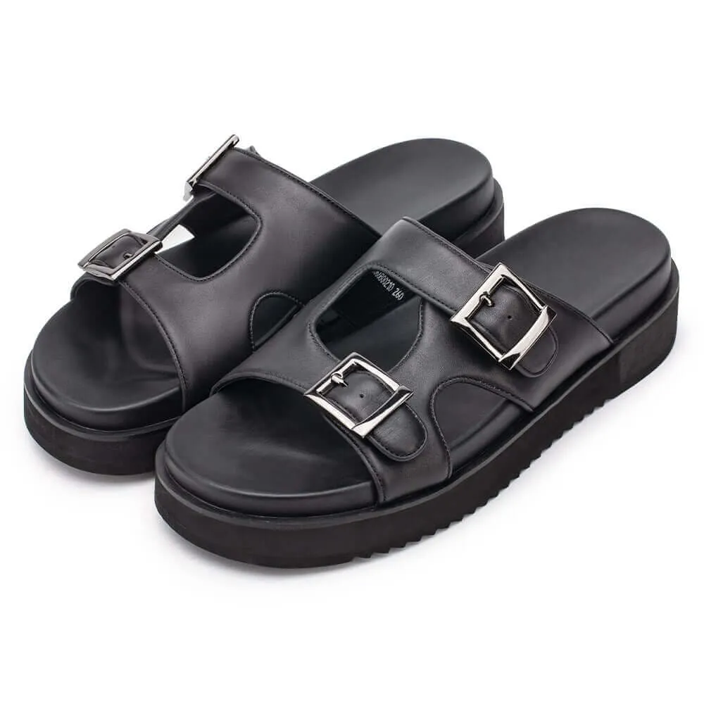 5CM / 1.95Inches - CMR CHAMARIPA Height Increasing Slippers - Men Sandals With Heel - Outdoor Indoor Black Cowhide Leather Elevator Sandals