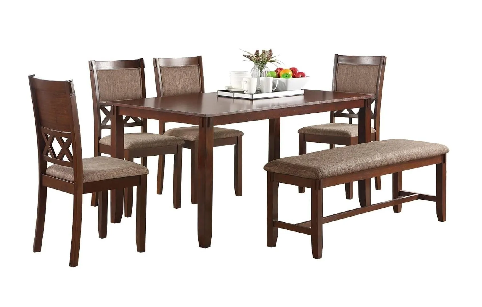 6-Piece Modern Dining Set, Espresso Color, Solid Wood with Bench & 4 Chairs