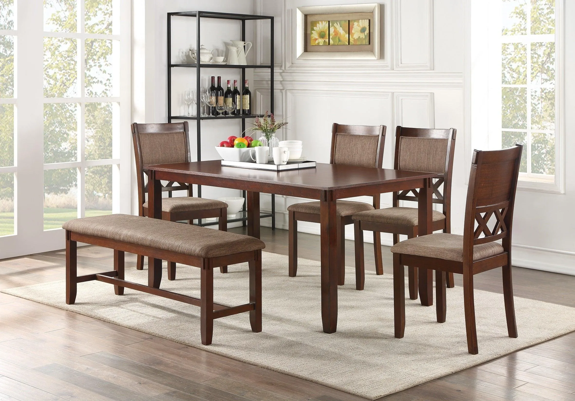 6-Piece Modern Dining Set, Espresso Color, Solid Wood with Bench & 4 Chairs