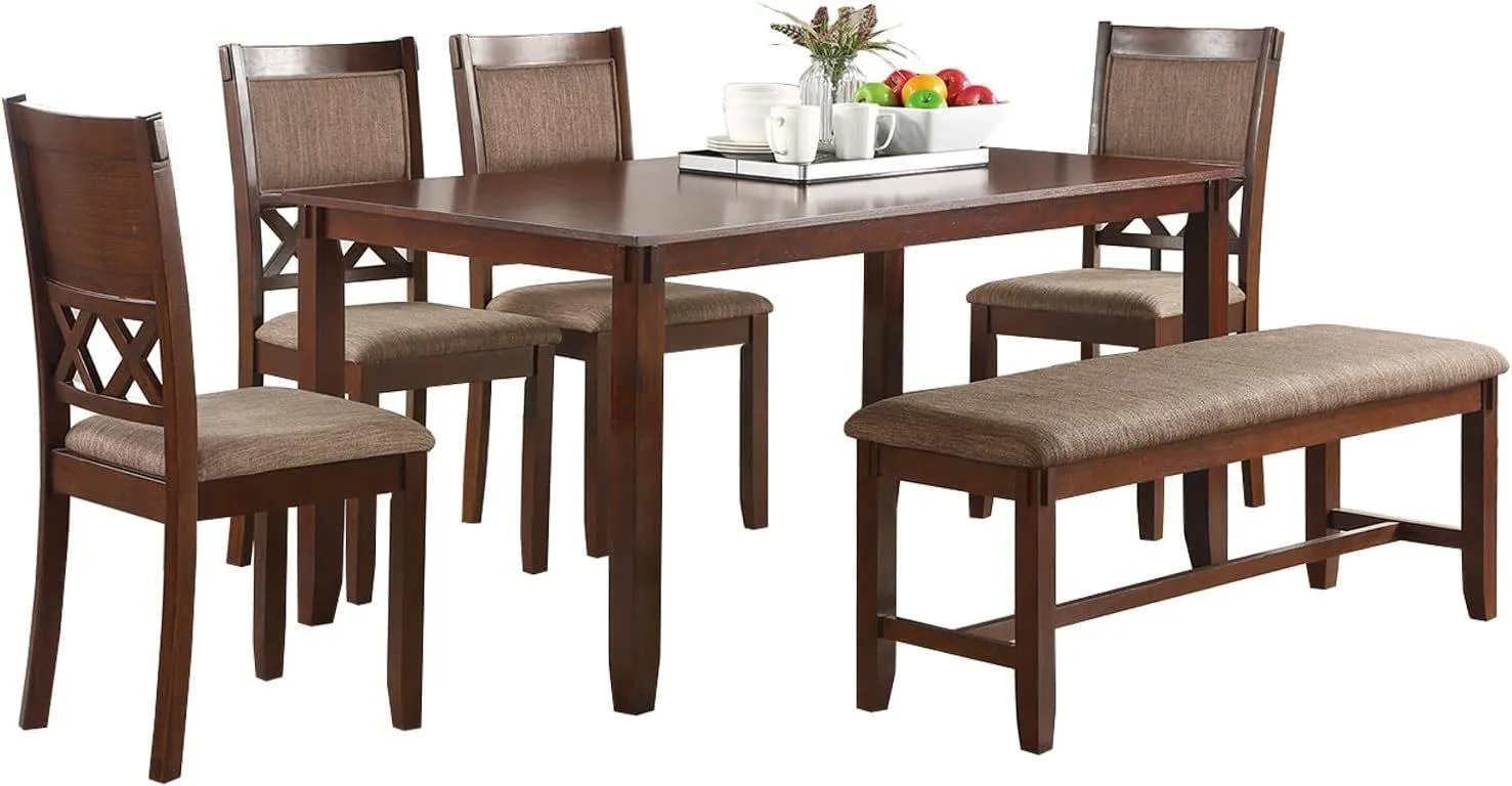 6-Piece Modern Dining Set, Espresso Color, Solid Wood with Bench & 4 Chairs