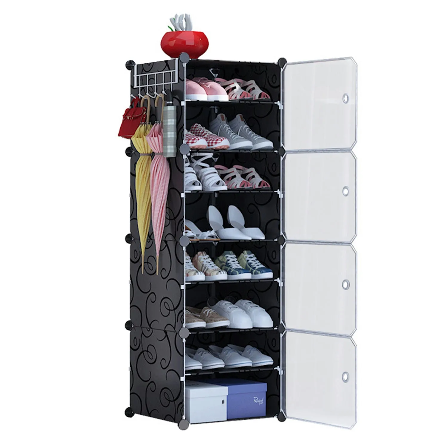 8-Tier Shoe Rack Organizer Stackable Free Standing Shoe Storage Shelf Plastic Shoe Cabinet Tower with Transparent Doors for Heels Boots Slippers Entry - Black