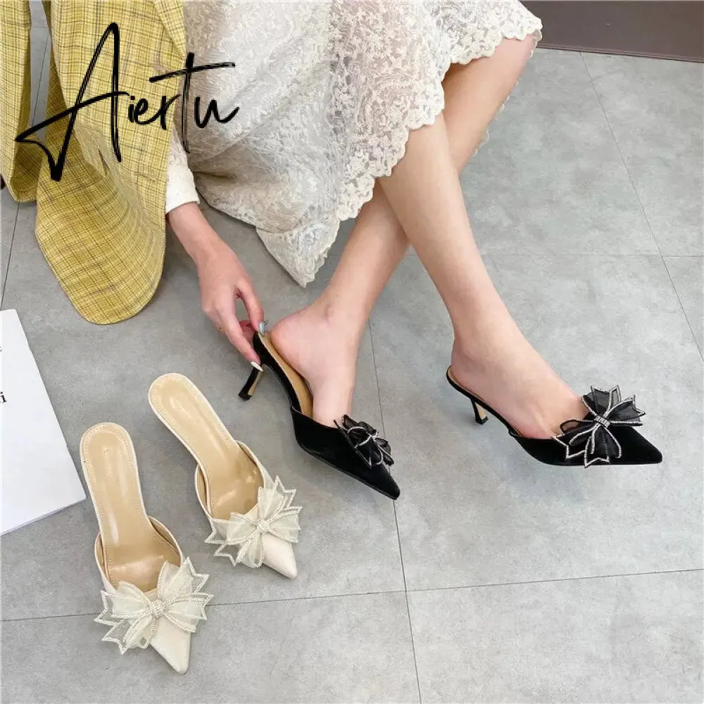 Aiertu Pointy Water Drill Fine Heel Women's Slippers Bun Bow High Heel Muller Shoe Girl