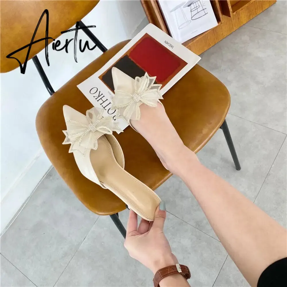 Aiertu Pointy Water Drill Fine Heel Women's Slippers Bun Bow High Heel Muller Shoe Girl