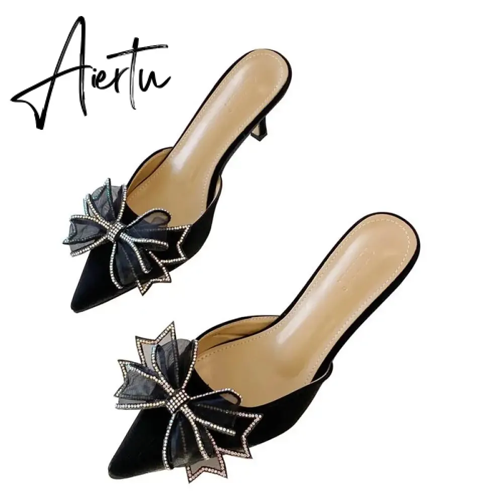 Aiertu Pointy Water Drill Fine Heel Women's Slippers Bun Bow High Heel Muller Shoe Girl