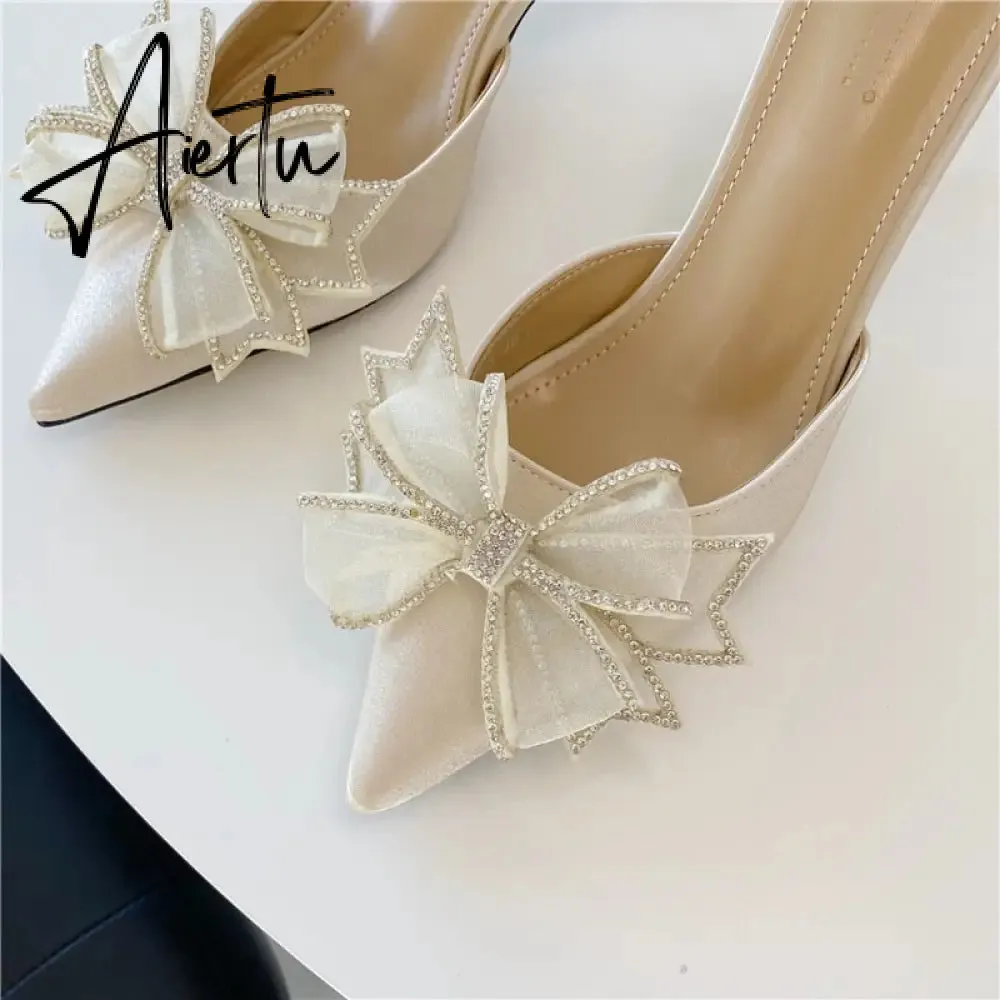 Aiertu Pointy Water Drill Fine Heel Women's Slippers Bun Bow High Heel Muller Shoe Girl