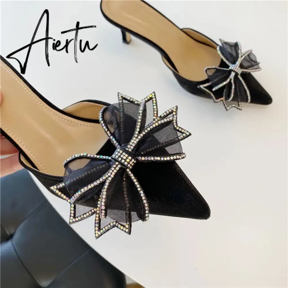 Aiertu Pointy Water Drill Fine Heel Women's Slippers Bun Bow High Heel Muller Shoe Girl