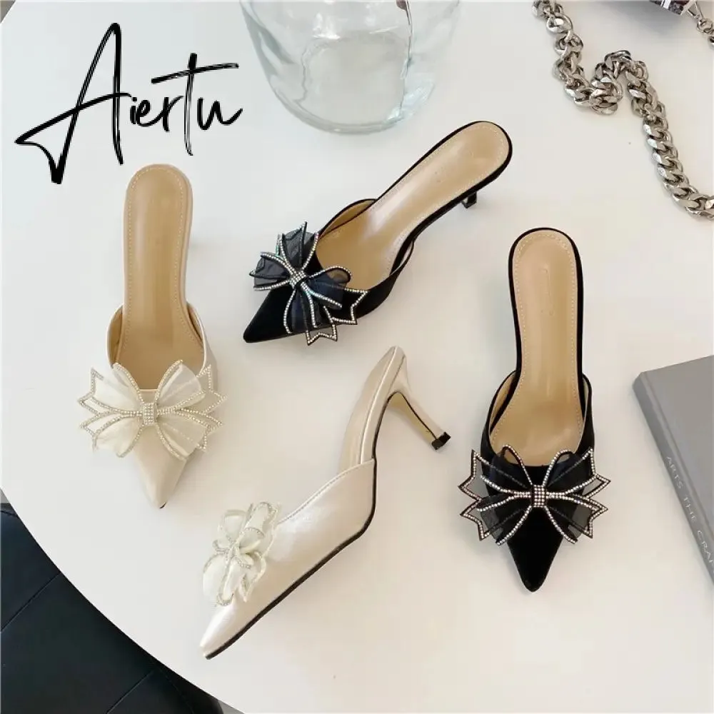 Aiertu Pointy Water Drill Fine Heel Women's Slippers Bun Bow High Heel Muller Shoe Girl