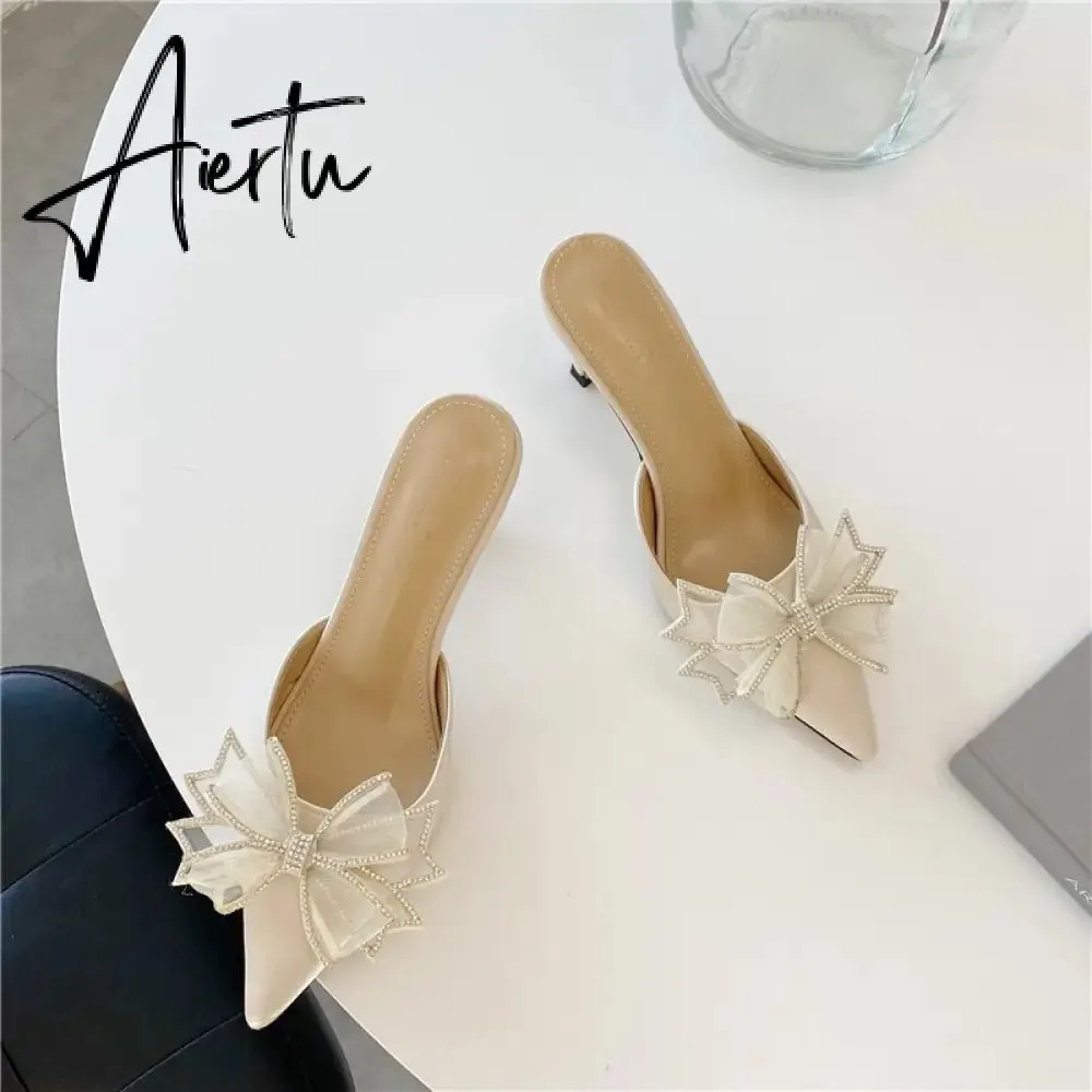 Aiertu Pointy Water Drill Fine Heel Women's Slippers Bun Bow High Heel Muller Shoe Girl