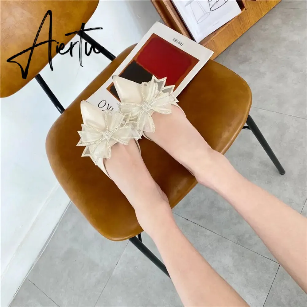 Aiertu Pointy Water Drill Fine Heel Women's Slippers Bun Bow High Heel Muller Shoe Girl