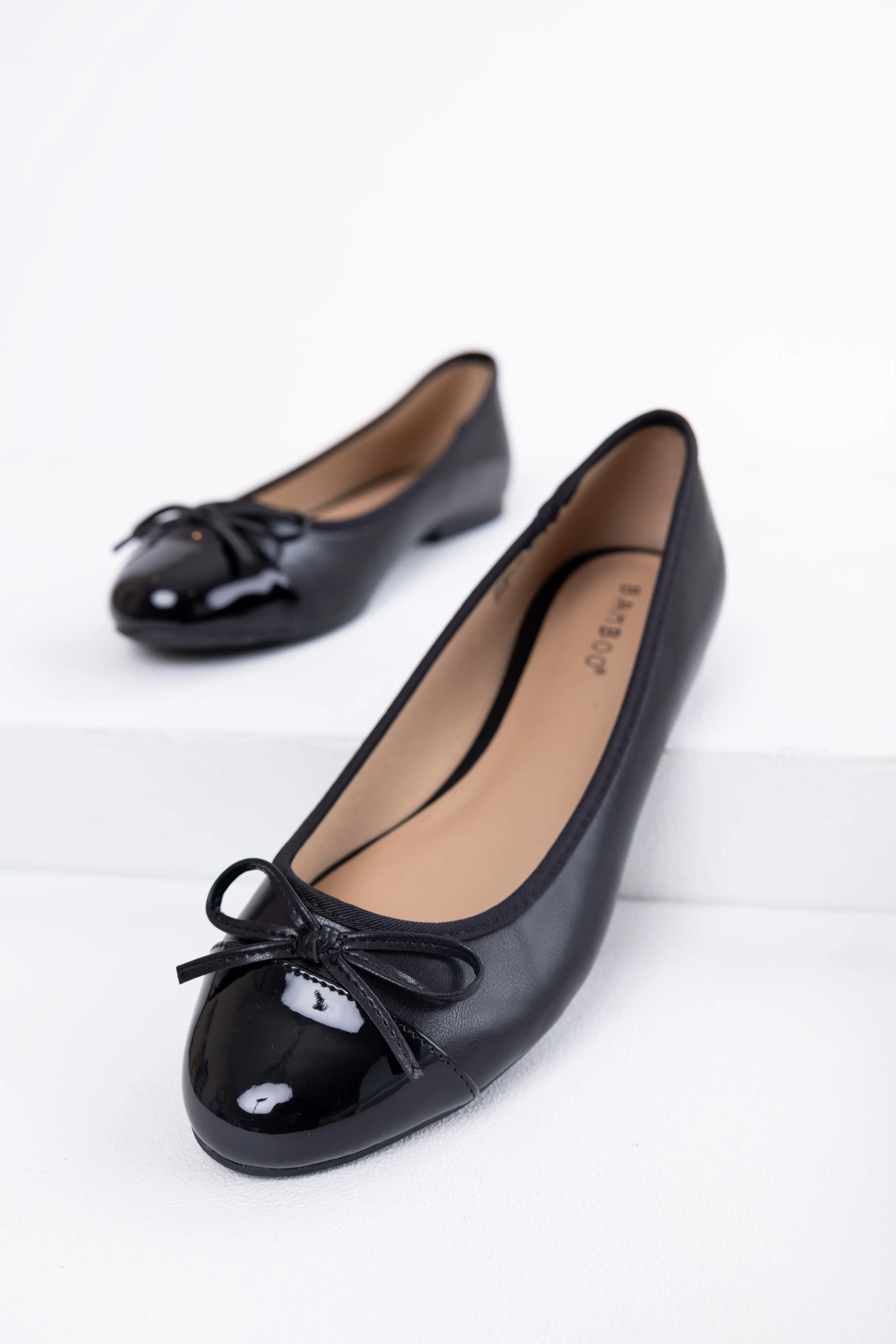 Black Faux Leather Shiny Toe Ballerina Flats