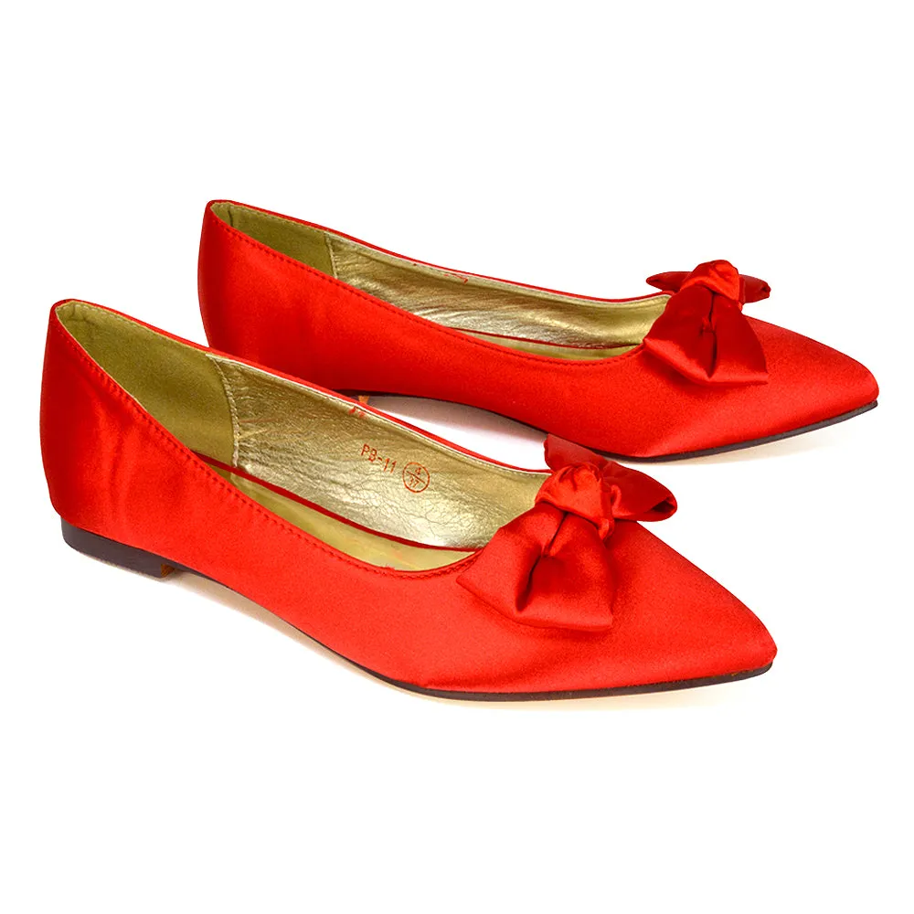 Cally Bow Detail Pointed Toe Ballerina Bridal Flats Pump Shoes in Red