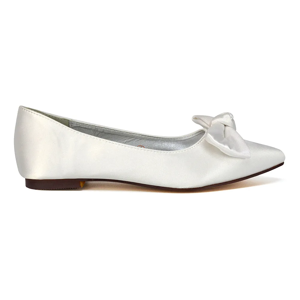 Cally Bow Detail Pointed Toe Ballerina Bridal Flats Pump Shoes in Silver Satin