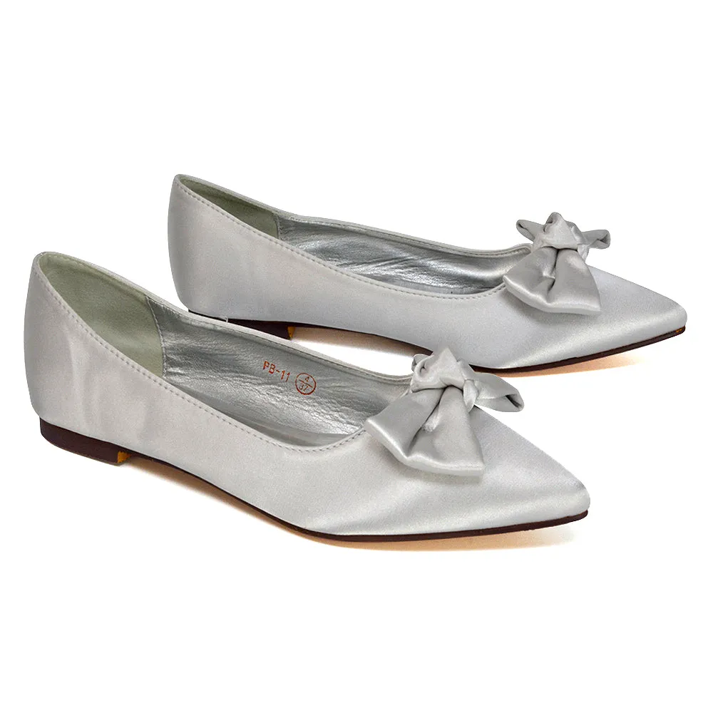 Cally Bow Detail Pointed Toe Ballerina Bridal Flats Pump Shoes in Silver Satin