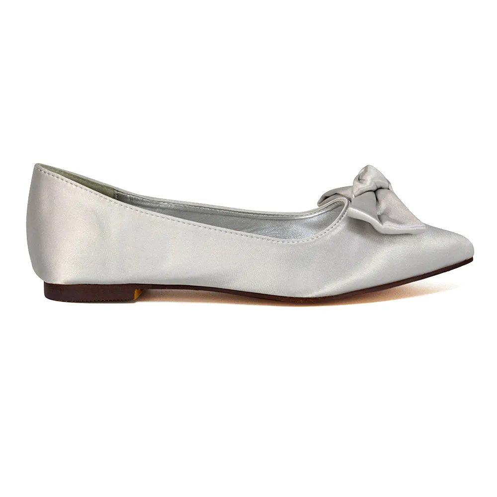 Cally Bow Detail Pointed Toe Ballerina Bridal Flats Pump Shoes in Silver Satin