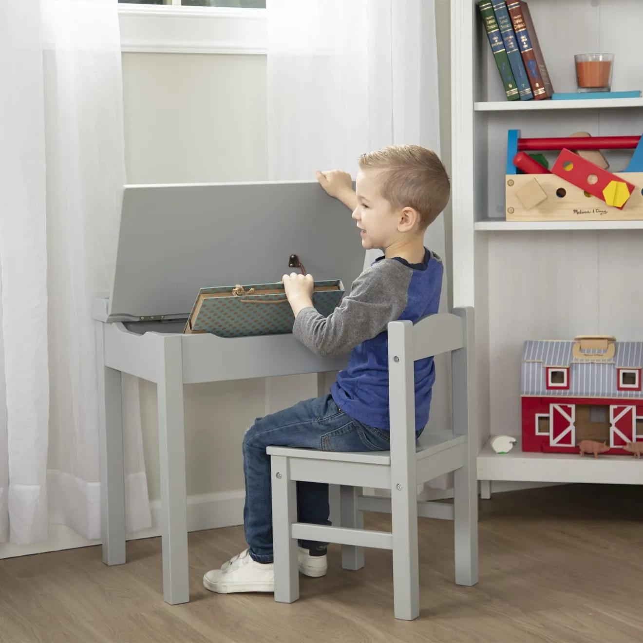 Child's Lift-Top Desk & Chair - Gray