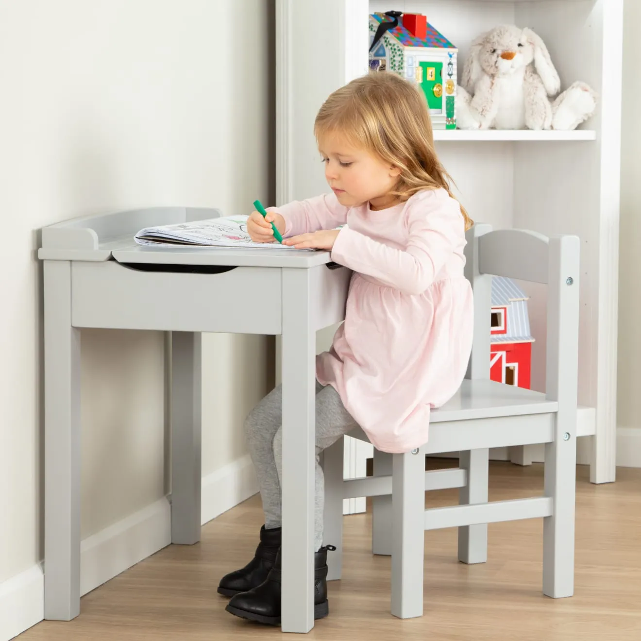 Child's Lift-Top Desk & Chair - Gray