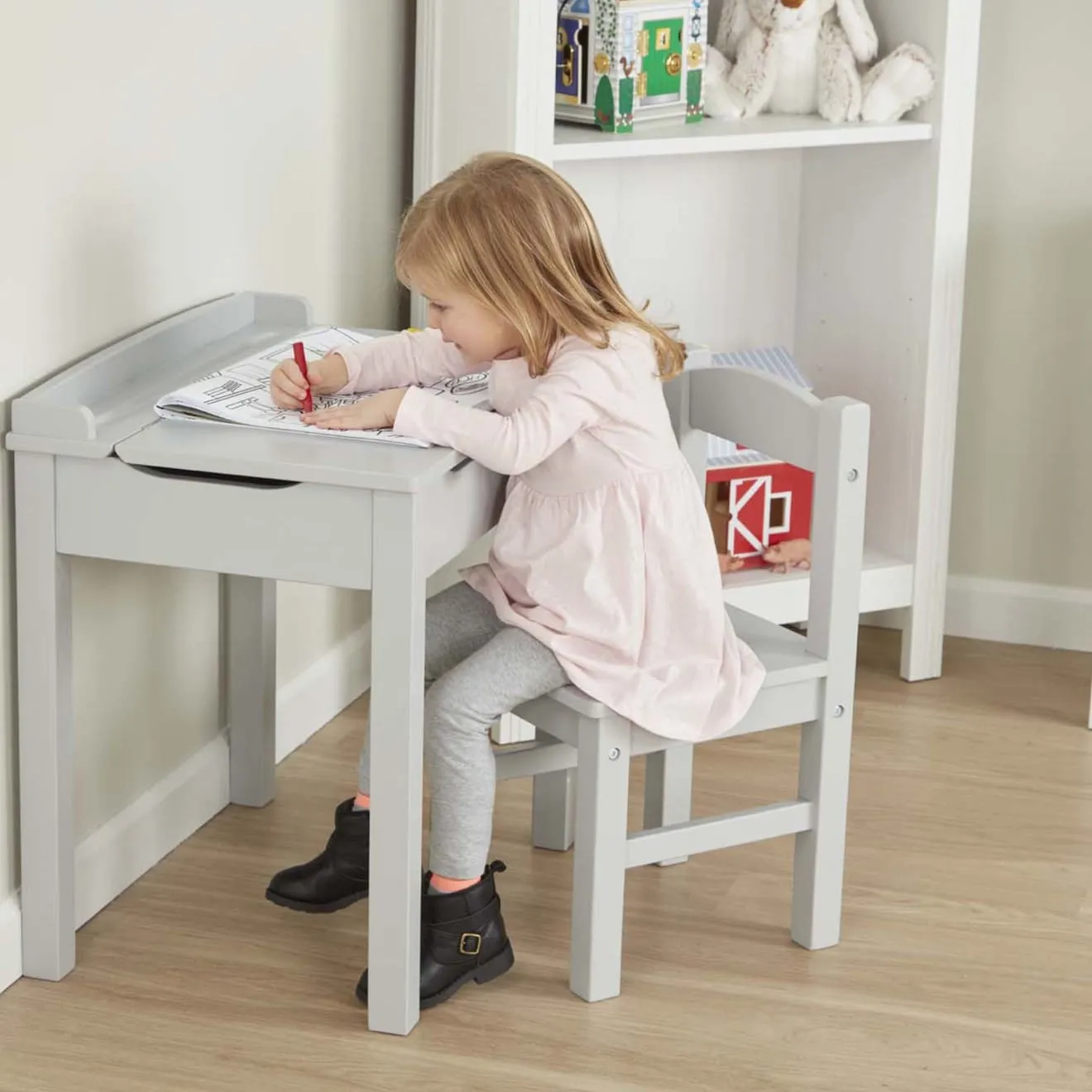 Child's Lift-Top Desk & Chair - Gray