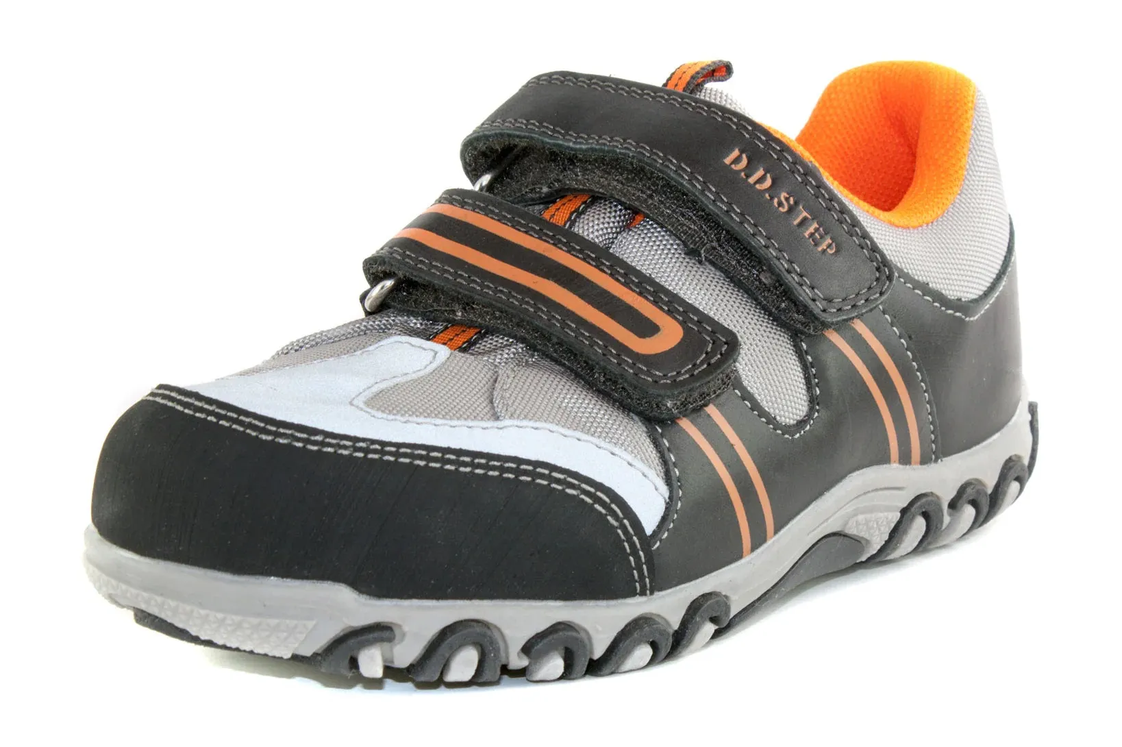 D.D. Step Big Kid Boy Waterproof Double Strap Shoes Black And Orange - Supportive Leather From Europe Kids Orthopedic