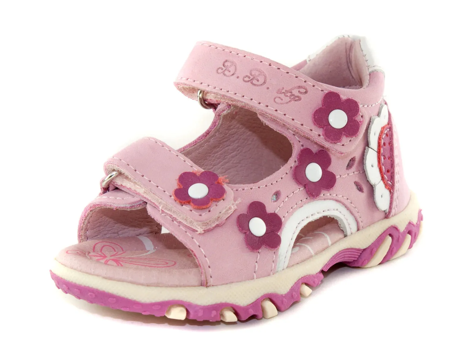 D.D. Step Girls Sandals Baby Pink With Flowers - Supportive Leather Shoes From Europe Kids Orthopedic