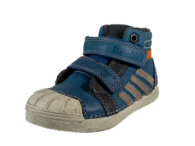 D.D. Step Little Kid Boy Shoes/Winter Boots With Faux Fur Insulation Blue Orange And Grey Decor Stripes - Supportive Leather Shoes From Europe Kids Orthopedic