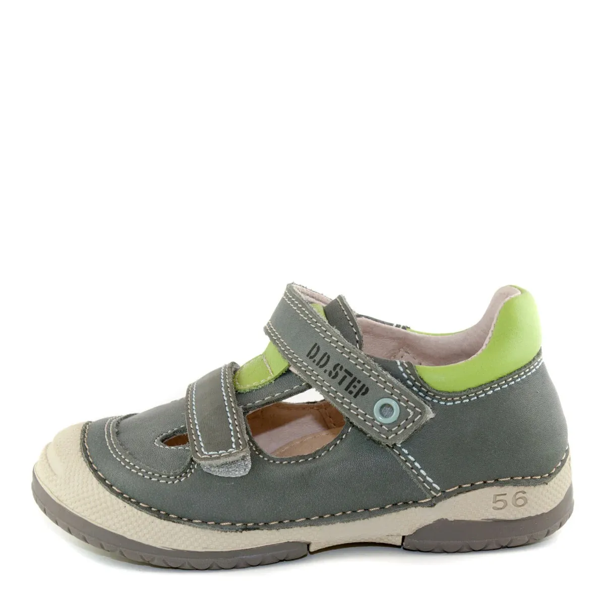 D.D. Step Toddler Double Strap Boy Sandals/Open Shoes Khaki With Neon Green Details - Supportive Leather From Europe Kids Orthopedic