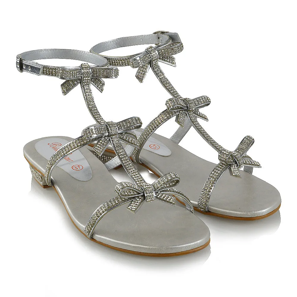 EMERY FLAT SPARKLY DIAMANTE BOW DETAIL LOW BLOCK HEEL STRAPPY SUMMER SANDALS IN SILVER