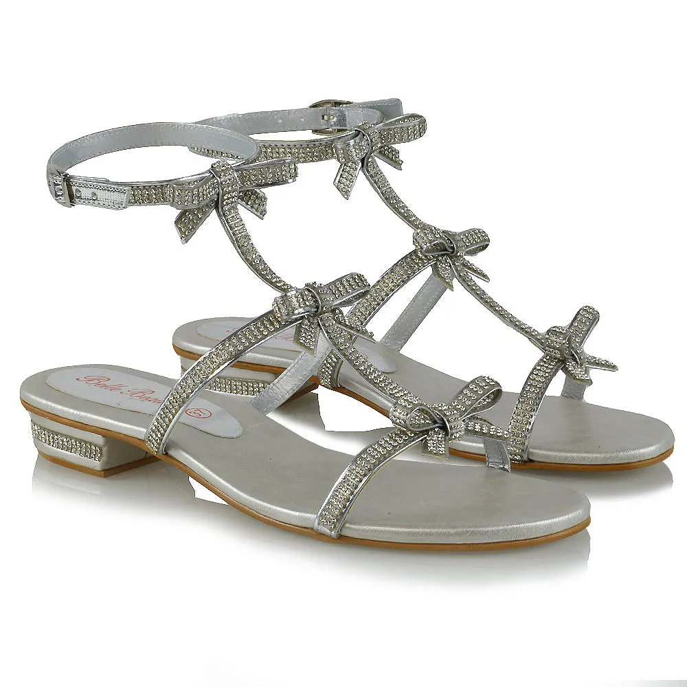 EMERY FLAT SPARKLY DIAMANTE BOW DETAIL LOW BLOCK HEEL STRAPPY SUMMER SANDALS IN SILVER