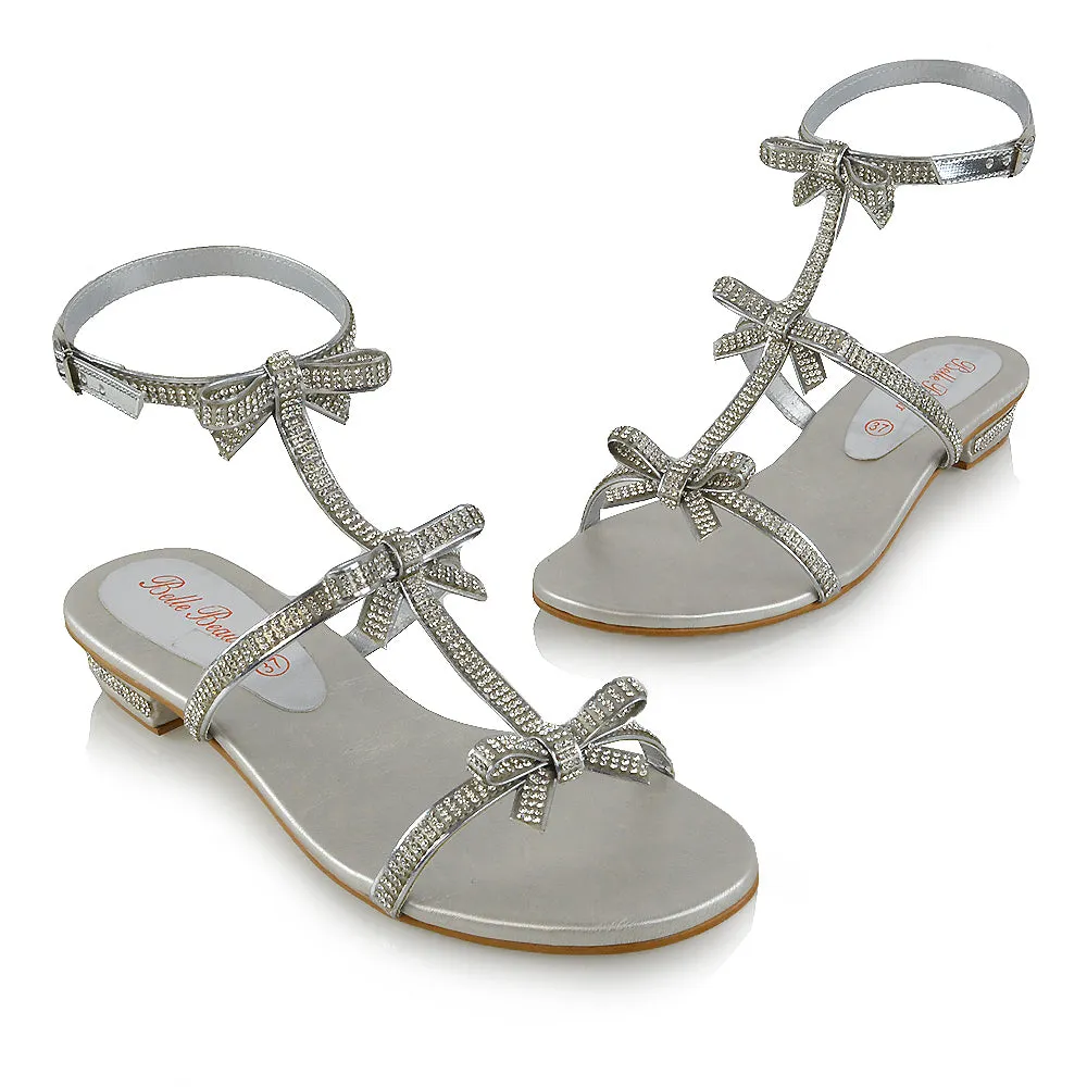 EMERY FLAT SPARKLY DIAMANTE BOW DETAIL LOW BLOCK HEEL STRAPPY SUMMER SANDALS IN SILVER