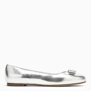 Ferragamo Silver Leather Ballerina with Round Toe and Decorative Bow for Women