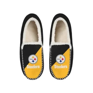 FOCO NFL Unisex-Adult Officially Licensed Color Block Primary Logo Sherpa Lined Moccasin Slippers (Pittsburgh Steelers, numeric_11)