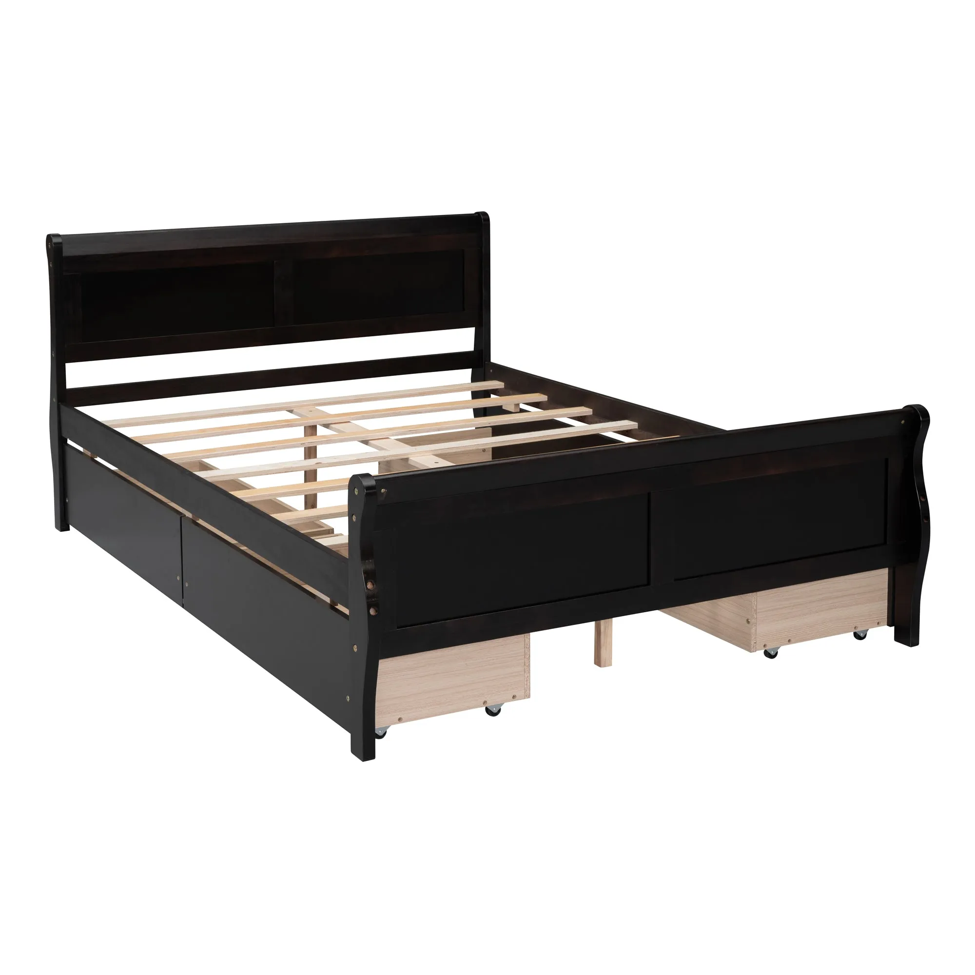 Full Size Wood Platform Bed with 4 Drawers and Streamlined Headboard & Footboard, Espresso