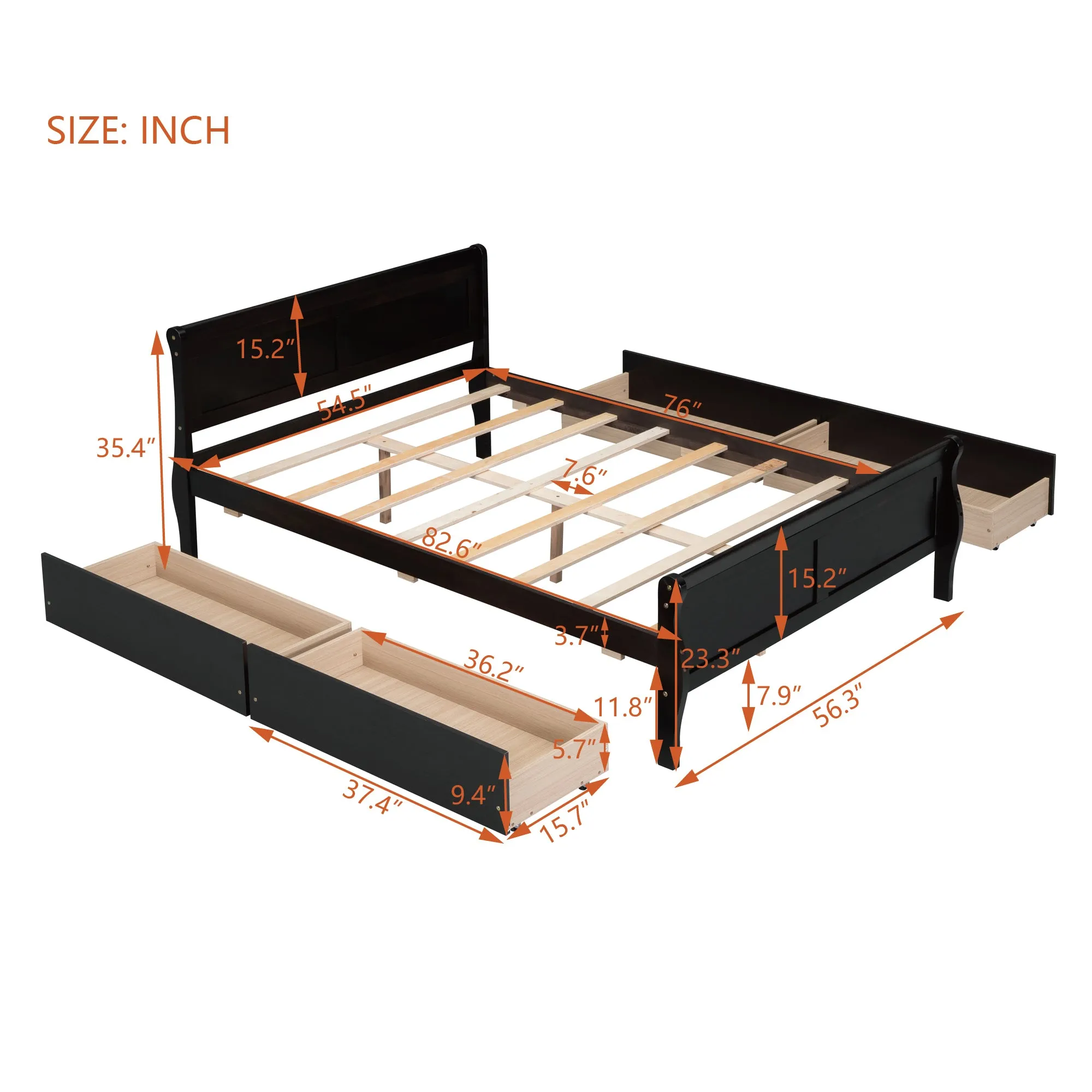 Full Size Wood Platform Bed with 4 Drawers and Streamlined Headboard & Footboard, Espresso