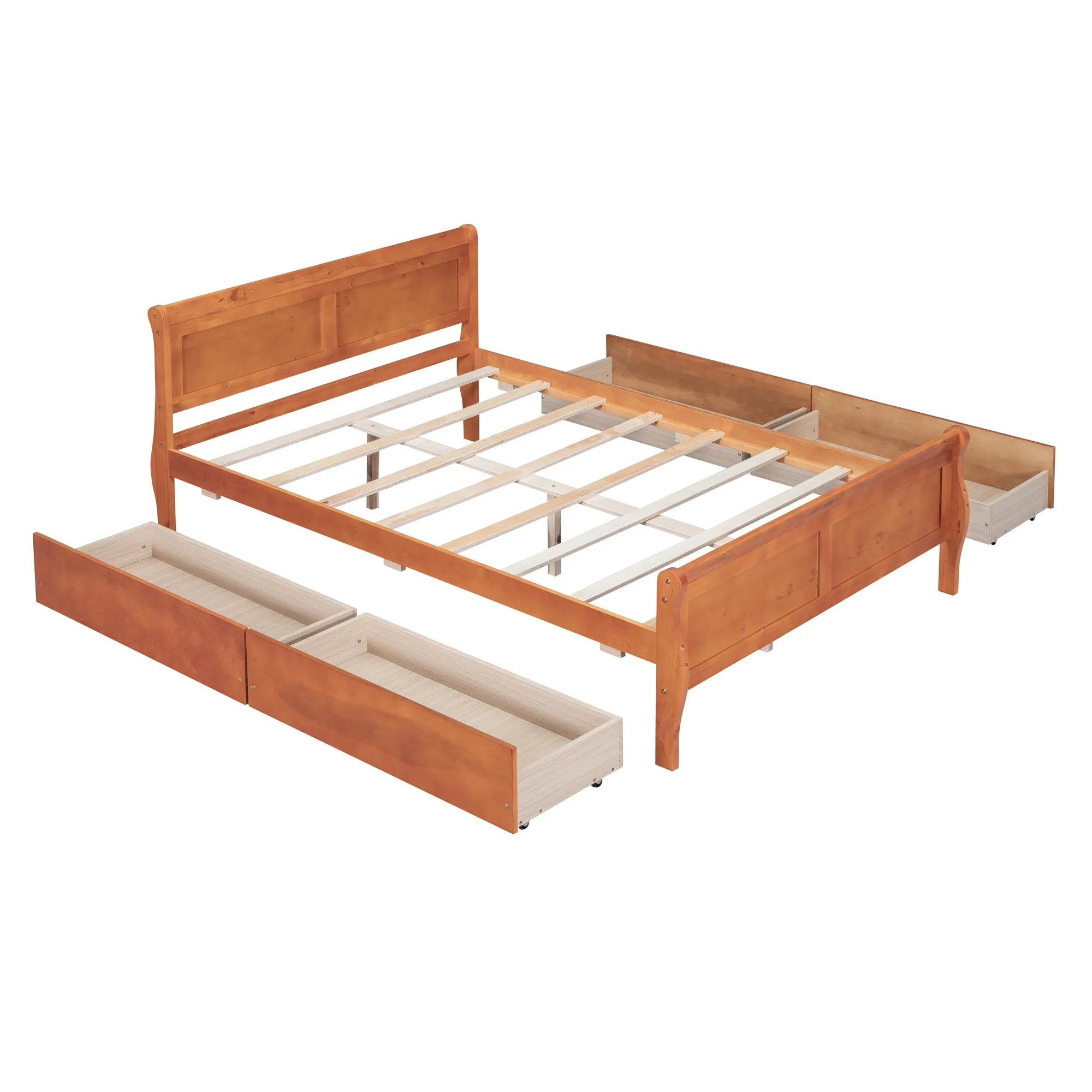 Full Size Wood Platform Bed with 4 Drawers and Streamlined Headboard & Footboard, Oak