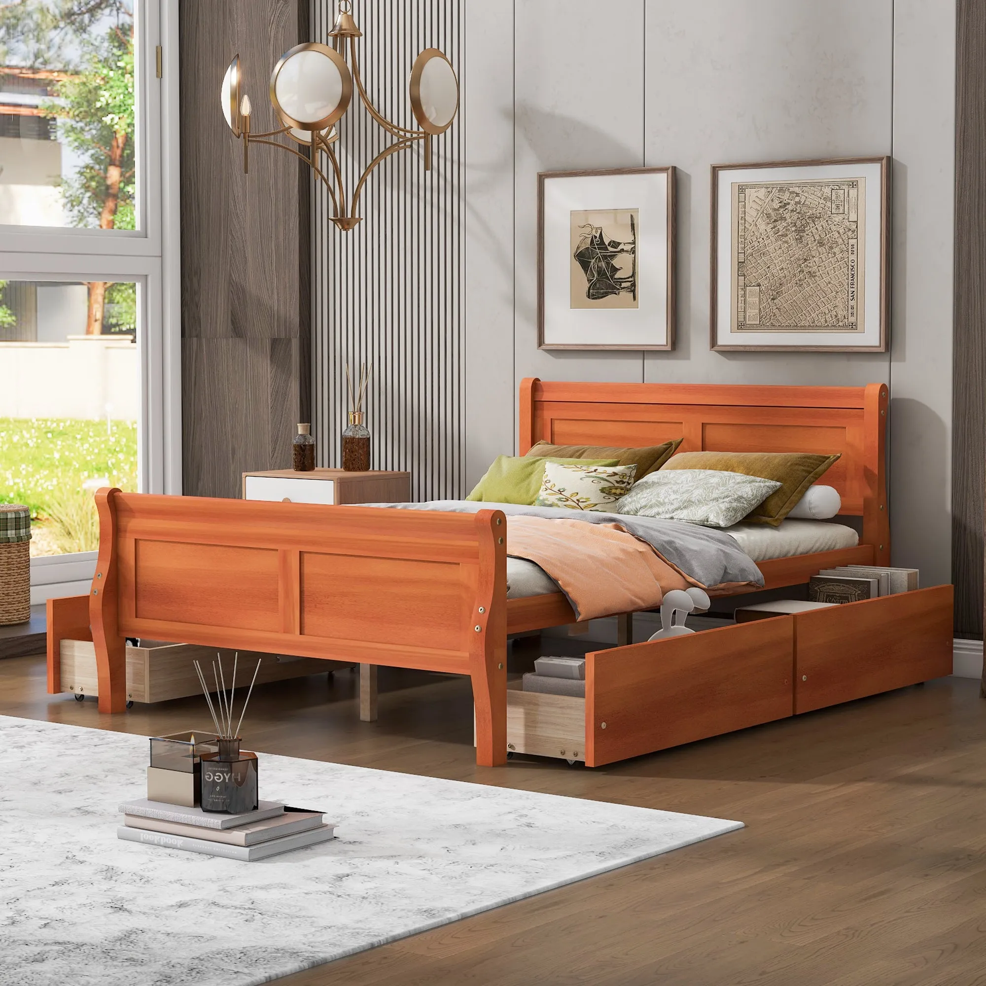 Full Size Wood Platform Bed with 4 Drawers and Streamlined Headboard & Footboard, Oak