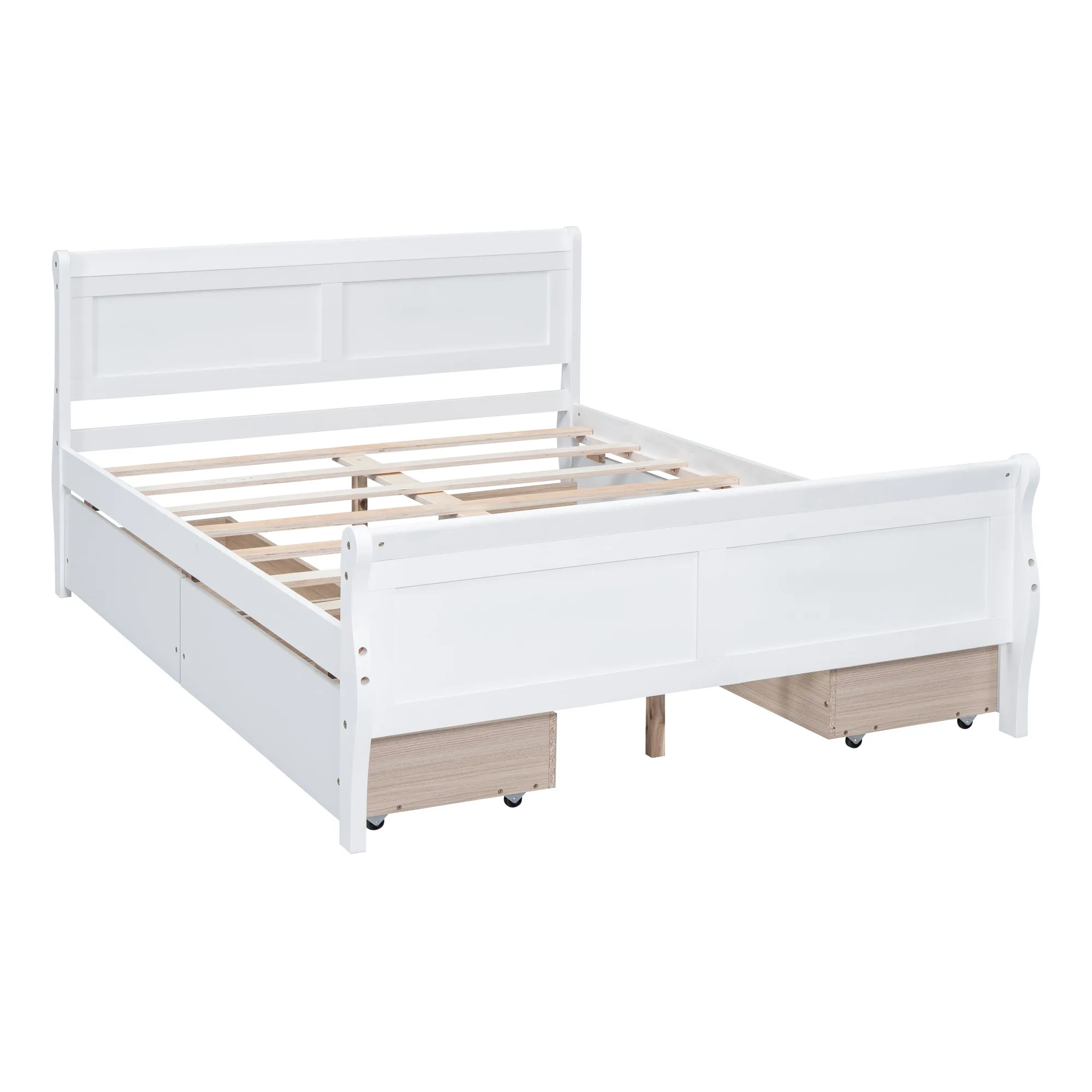 Full Size Wood Platform Bed with 4 Drawers and Streamlined Headboard & Footboard, White