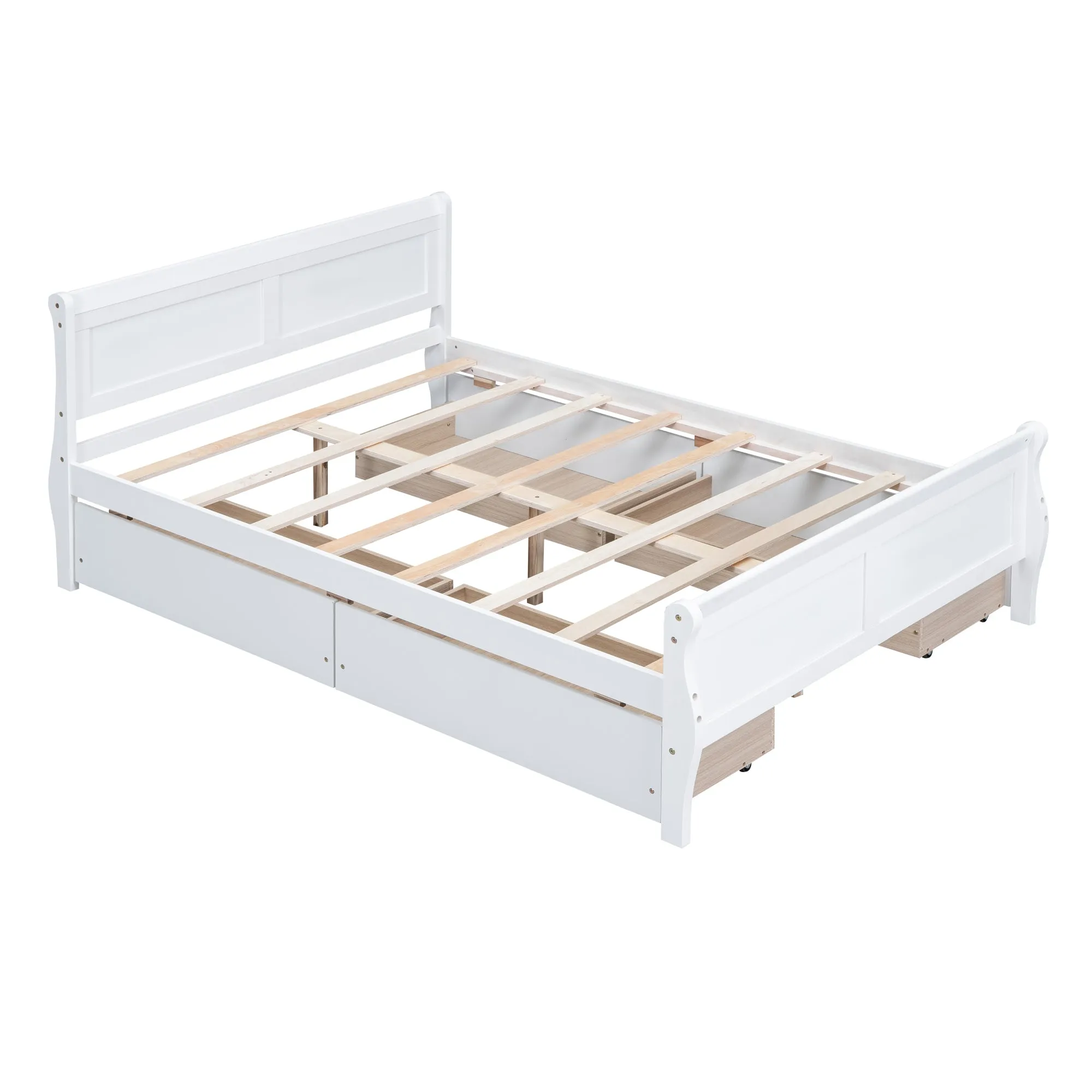 Full Size Wood Platform Bed with 4 Drawers and Streamlined Headboard & Footboard, White