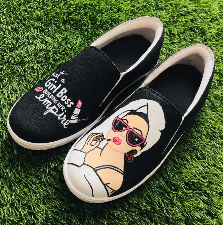 Funky N Trendy hand painted water resistant Girl Boss theme black shoes/ boss lady shoes / black shoes / funky shoes