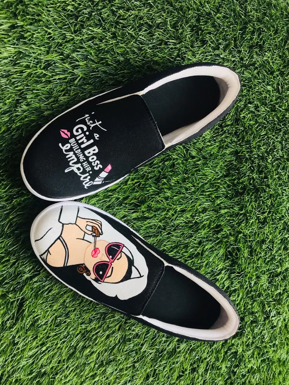 Funky N Trendy hand painted water resistant Girl Boss theme black shoes/ boss lady shoes / black shoes / funky shoes