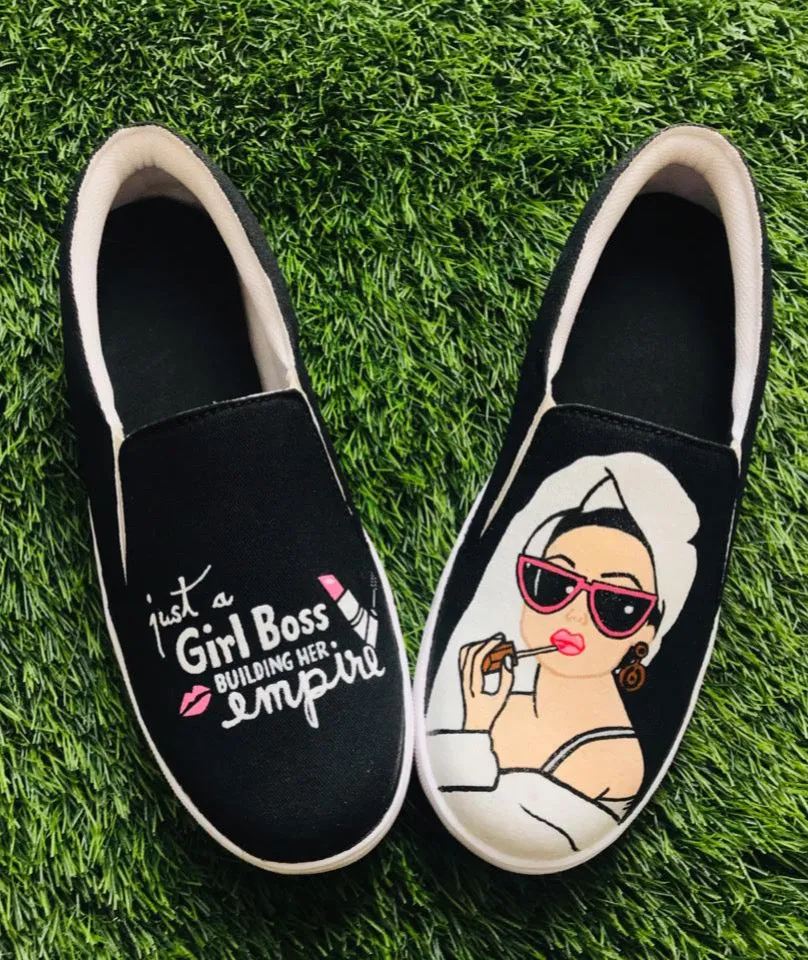 Funky N Trendy hand painted water resistant Girl Boss theme black shoes/ boss lady shoes / black shoes / funky shoes