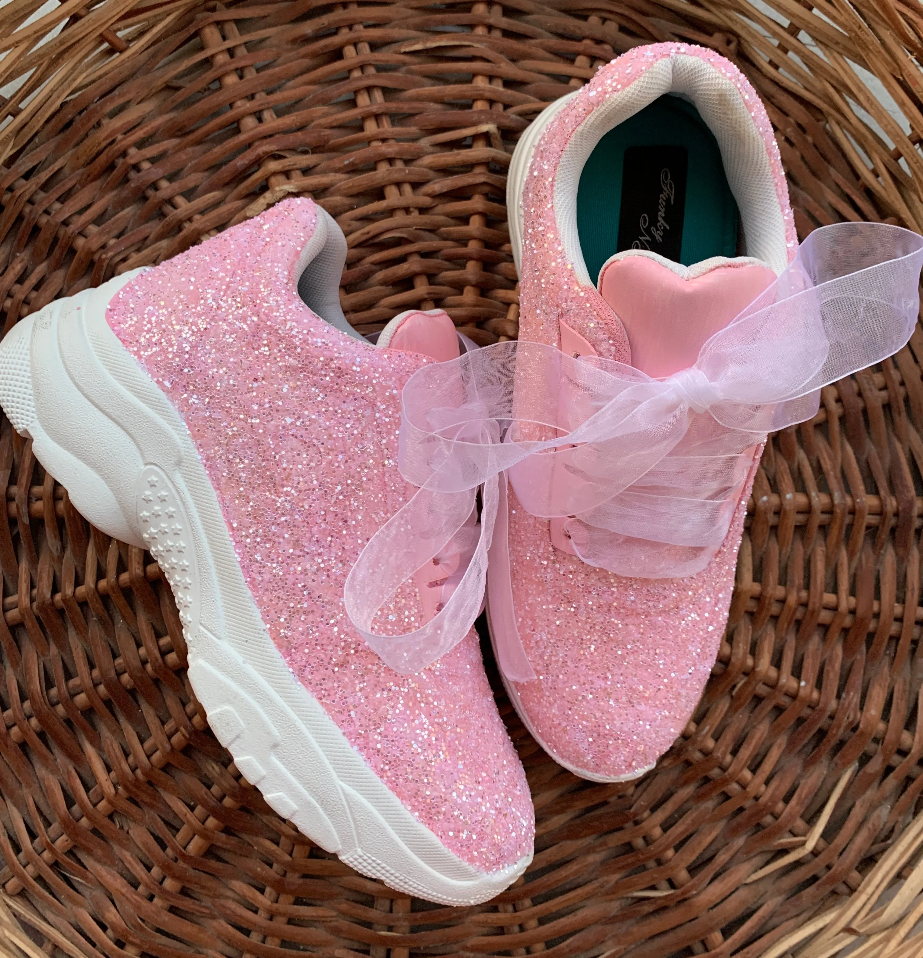 FUNKY N TRENDY steel pink glitter heeled sneakers with pearl detailing for brides /bridesmaids / sneakers for bridesmaids/ handcrafted sneakers/ glitter sneakers / bridal sneakers / bridesmaid sneakers/ pink sneakers / pink shoes