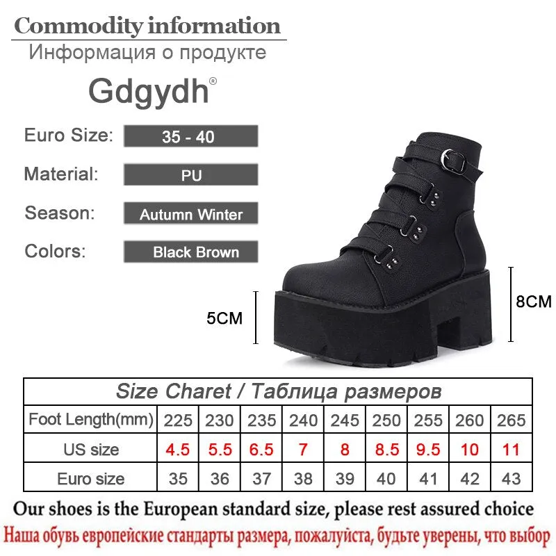 Gdgydh Spring Autumn Ankle Boots Women Platform Boots Rubber Sole Buckle Black Leather PU High Heels Shoes Woman Comfortable