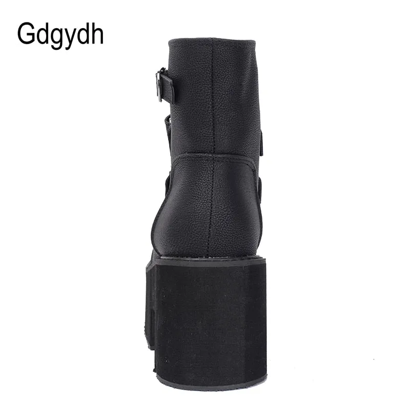 Gdgydh Spring Autumn Ankle Boots Women Platform Boots Rubber Sole Buckle Black Leather PU High Heels Shoes Woman Comfortable