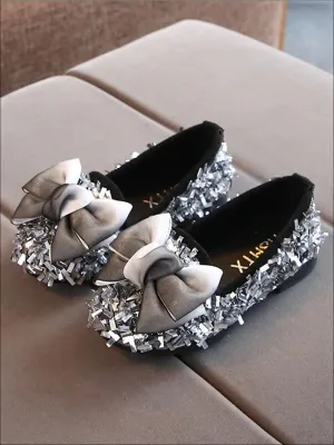 Girls Glittery Sequined Flats with Ombre Double Bow By Liv and Mia