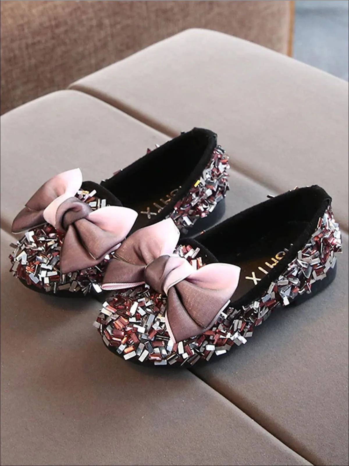 Girls Glittery Sequined Flats with Ombre Double Bow By Liv and Mia