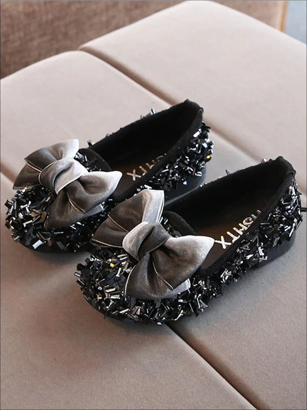 Girls Glittery Sequined Flats with Ombre Double Bow By Liv and Mia