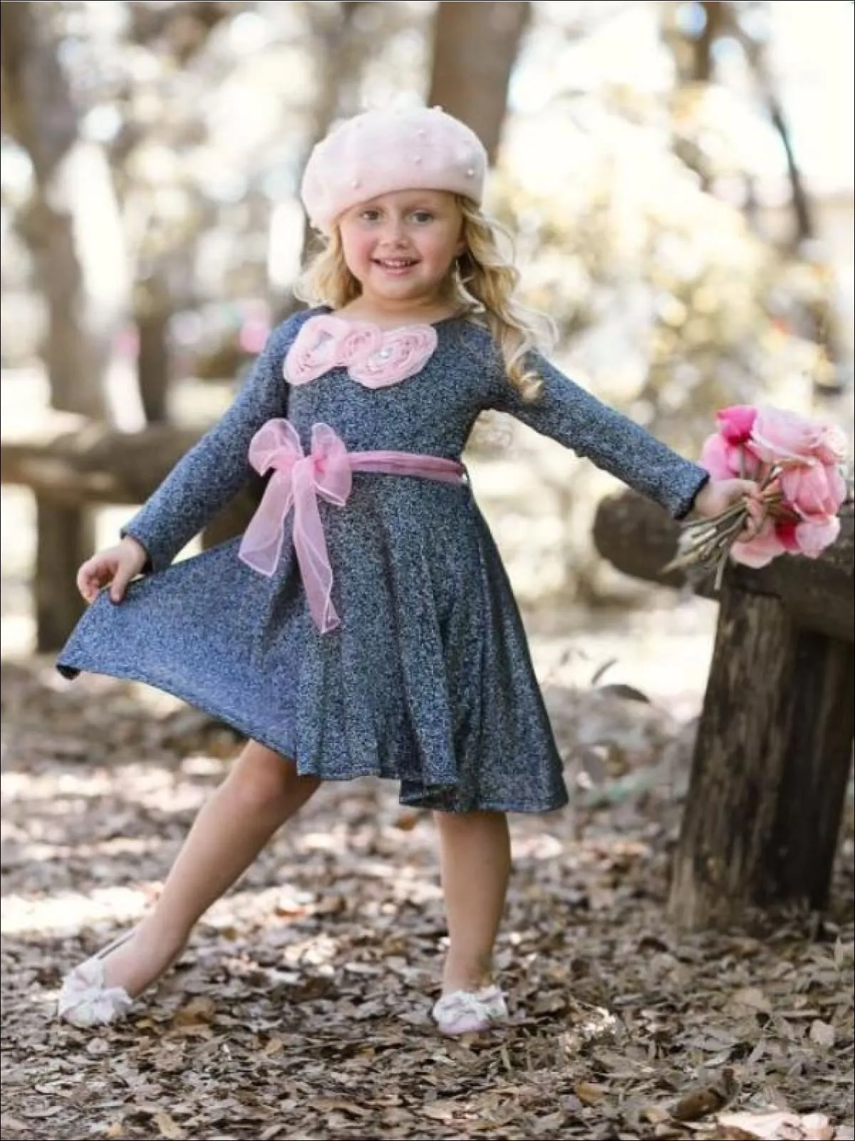 Girls Navy Shimmer Sparkle Sweater Dress with Pink Belt And Pink Bow Detail