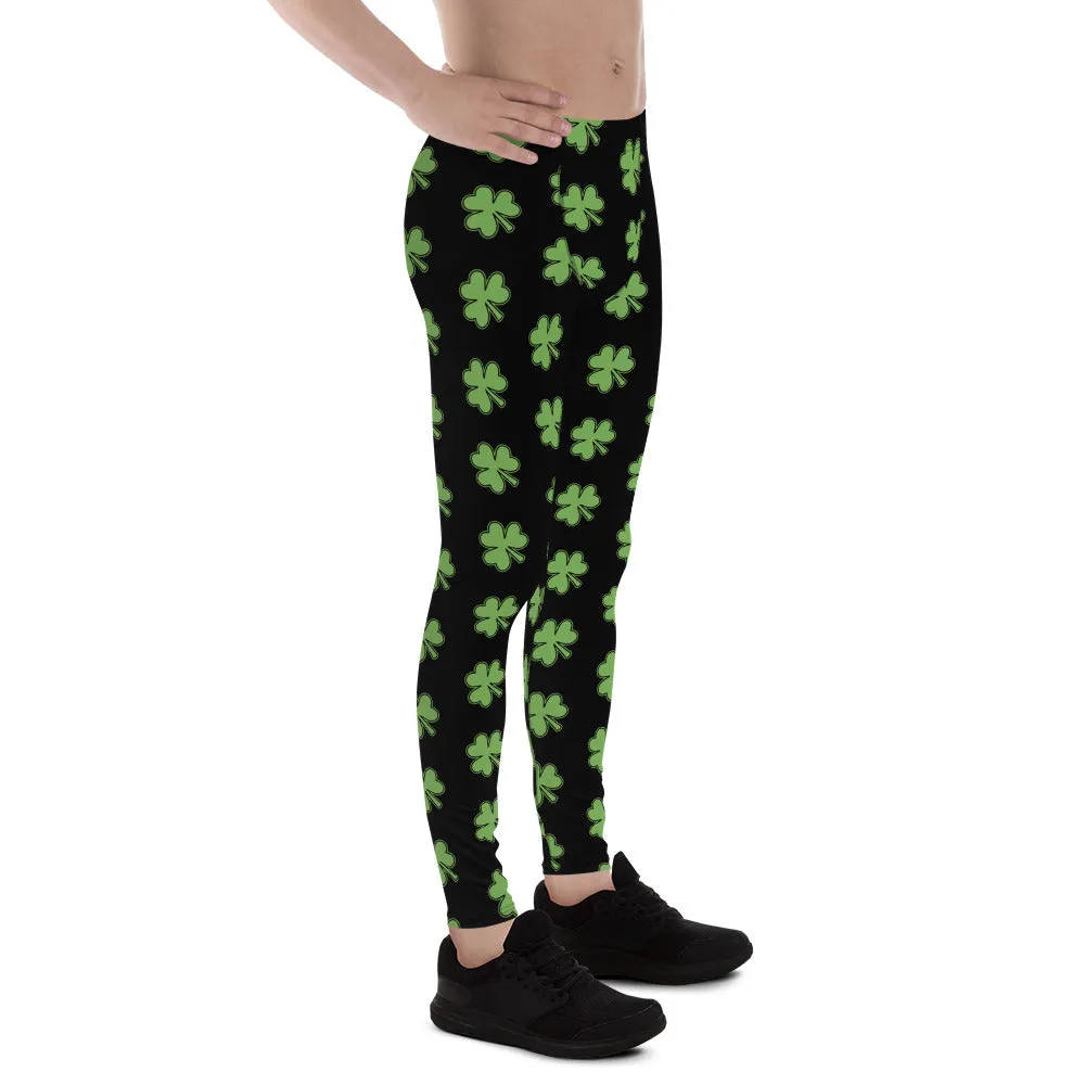 Green Black Clover Meggings, Leaf Print St. Patty's Day Men's Leggings -Made in USA/MX/EU