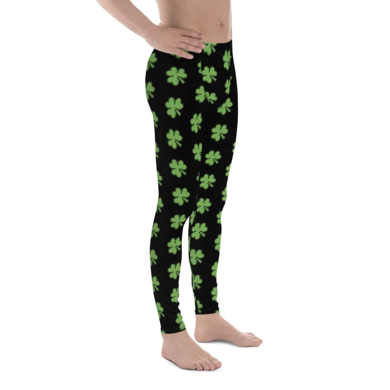 Green Black Clover Meggings, Leaf Print St. Patty's Day Men's Leggings -Made in USA/MX/EU