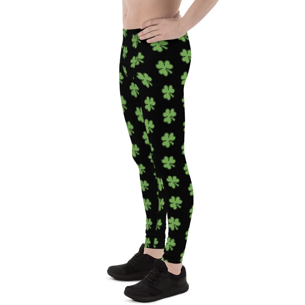 Green Black Clover Meggings, Leaf Print St. Patty's Day Men's Leggings -Made in USA/MX/EU